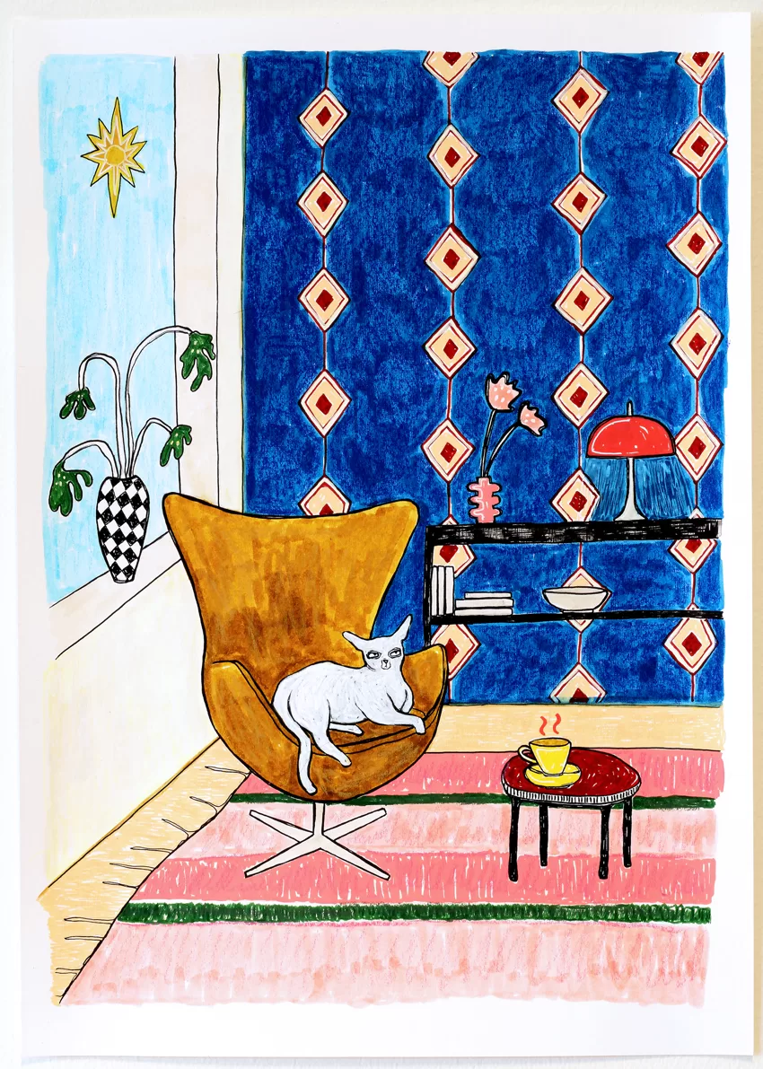 cozy afternoon cat painting vintage style