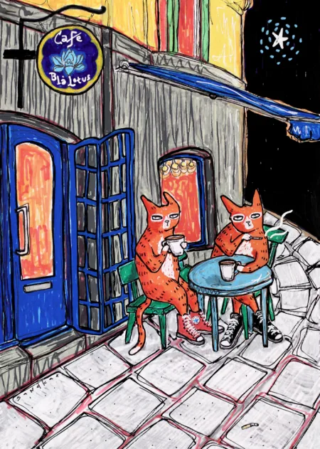 café culture, blå lotus södermalm cat illustration
