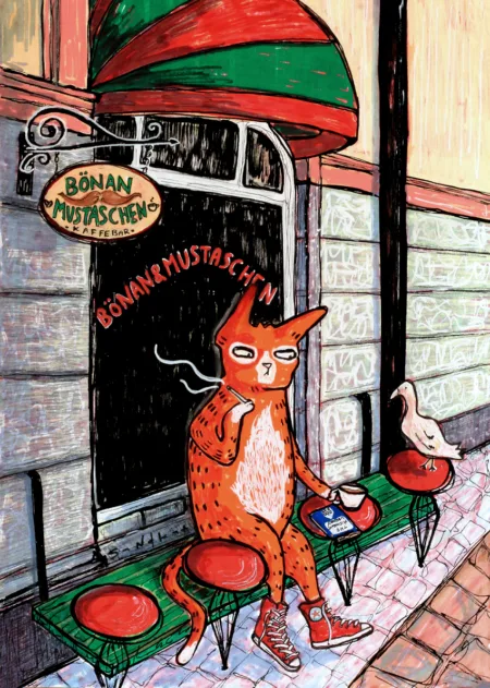 cafe culture bönan och mustaschen katt illustration