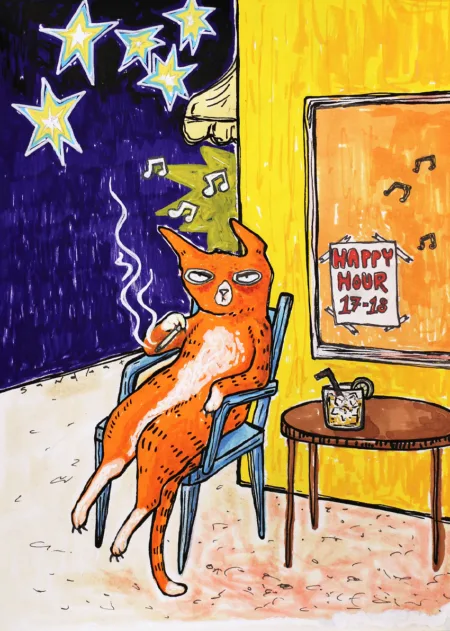 happy hour cat illustration
