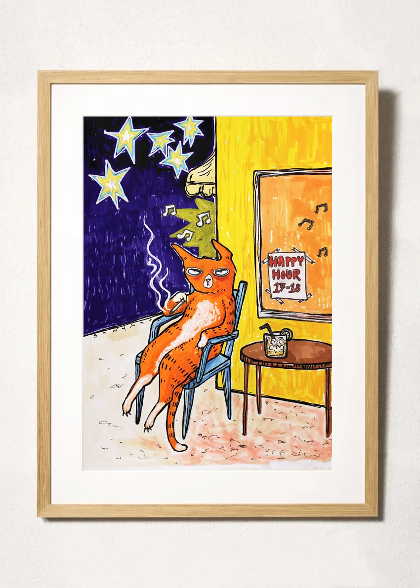 happy hour cat illustration