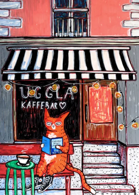 cafekultur uggla kaffebar malmö katt illustration